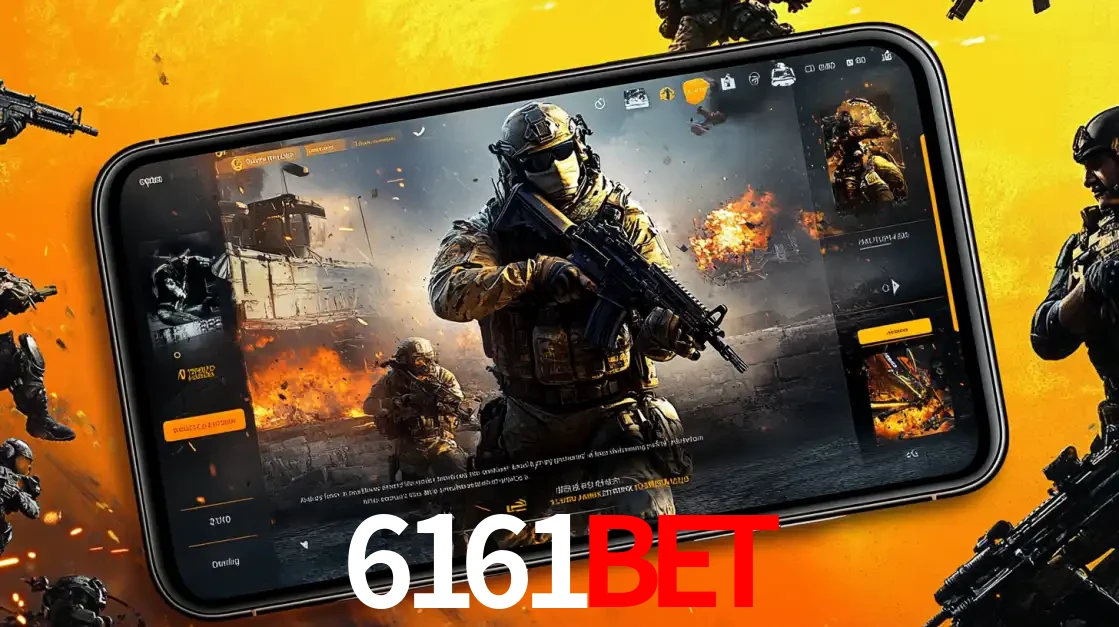 Um smartphone exibindo a interface de um jogo de tiro em primeira pessoa, com um soldado em um cenário de batalha, representando a ação dos e-sports para apostar no 6161bet.