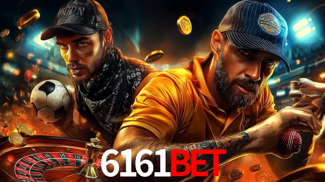 Montagem de apostas esportivas e cassino no 6161bet, com um homem segurando uma bola de futebol e outro uma de beisebol sobre uma roleta e moedas voadoras.